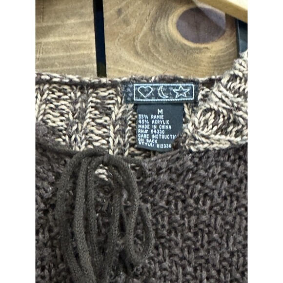 Vintage 90s Y2K Brown Knit Women’s Sz M Bell Sleeve Pullover Hooded Sweater - Picture 3 of 5